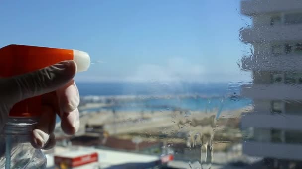 Woman Hands Latex Gloves Cleaning Glass Sea Views — Stock Video