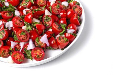 Taze soğanlı, naneli, zeytinyağlı ve tuzlu ev yapımı domates salatası. Vejetaryen yemeği. Sağlıklı gıda konsepti