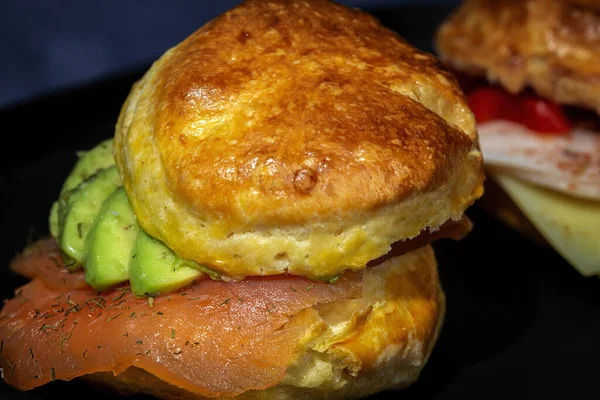 Assortment Homemade Scones Ham Cheese Avocado Salmon Cream Cheese Strawberry — Stock Photo, Image