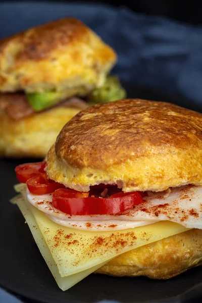 Assortment Homemade Scones Ham Cheese Avocado Salmon Cream Cheese Strawberry — Stock Photo, Image