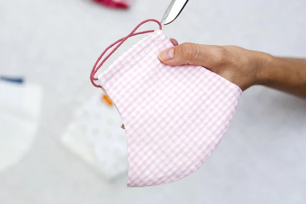 Unrecognizable Woman Hands Showing Homemade Fashion Design Masks Covid Protection — Stock Photo, Image