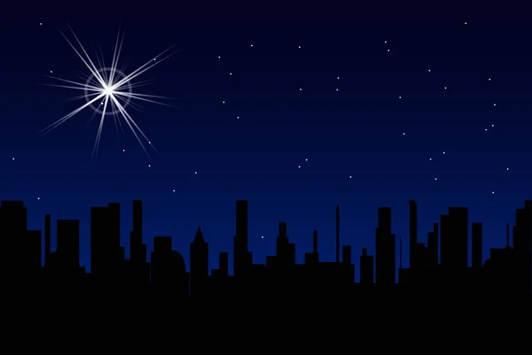 夜空中一颗耀眼的明亮的圣诞星映衬着一座城市的轮廓 — 图库矢量图片