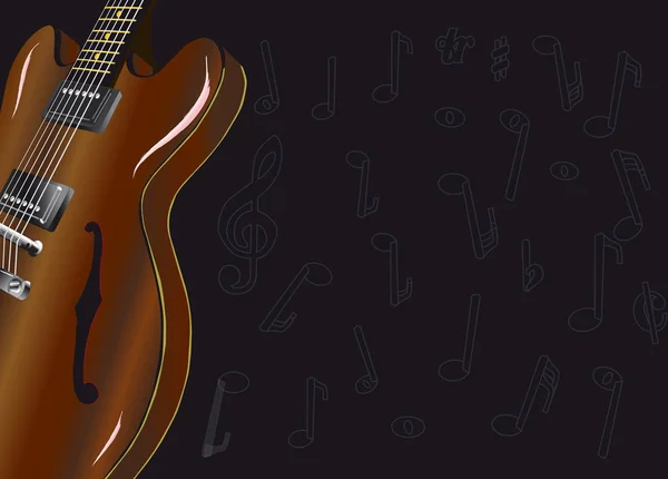 Електрична Гітара Коричневого Дерева Темному Тлі Зникає Заповнена Музичною Нотацією — стоковий вектор