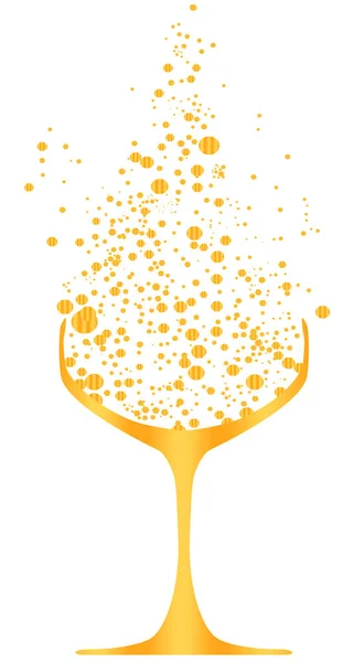 Traditional Champagne Glass Gold Outline Filled Golden Bubbles — Stock Vector