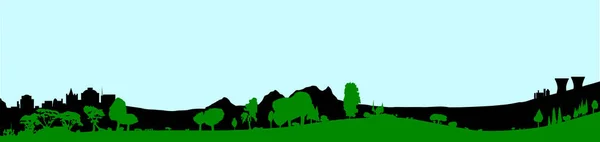 Silhouette Wooded Foreground Set Hill Background Buildings Pale Sky — Stock Vector