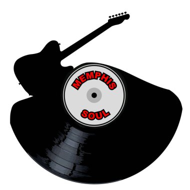 Bir vinil Lp kayıt bir elektro gitar kesme şeklinde efsanesi ile Memphis ruh tüm beyaz bir arka plan üzerinde izole.