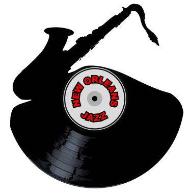 Bir vinil Lp kayıt caz saksafon kesme şeklinde efsanesi ile New Orleans Jazz tüm beyaz bir arka plan üzerinde izole.