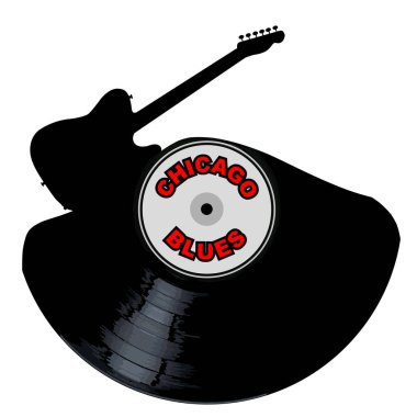 Bir vinil Lp kayıt bir elektro gitar kesme şeklinde efsanesi ile Chicaga Blues tüm beyaz bir arka plan üzerinde izole.