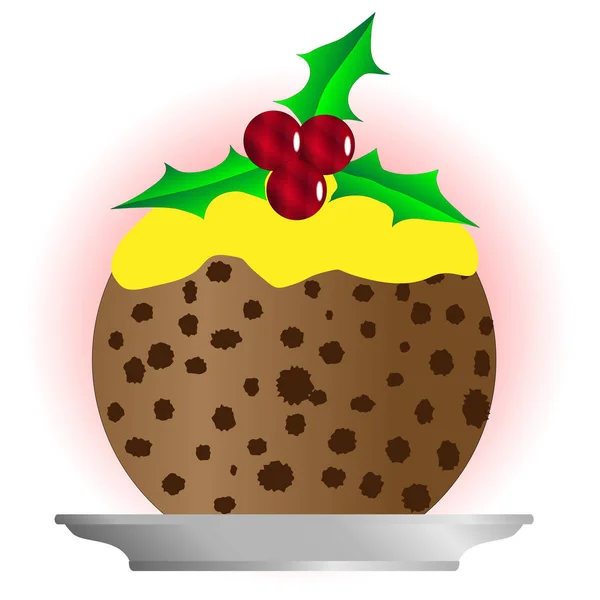 Een Cartoon Stijl Strip Christmas Pudding Met Vanillesaus Een Takje — Stockvector