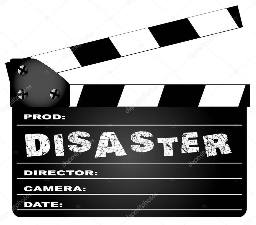 A typical movie clapperboard with the legend DISASTER isolated on white.