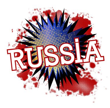 Bir komik karikatür tarzı Sussian kırmızı beyaz ve mavi beyaz bir arka plan üzerinde ünlem işareti patlama