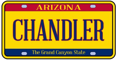 Chandler Arizona state city license plate in the colors of the state flag with icons over a white background clipart