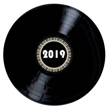 Efsane 2019 ve beyaz bir arka plan tüm piyano tuşlarının bir daire içeren tipik bir Lp vinil kayıt.