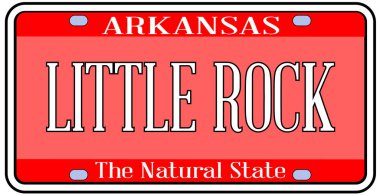 Arkansas devlet plaka devlet bayrağı ile sermaye Little Rock metnin üzerinde beyaz bir arka plan renkleri