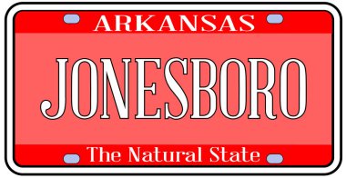 Arkansas devlet plaka devlet bayrağı şehrin Jonesboro metnin üzerinde beyaz bir arka plan renkleri