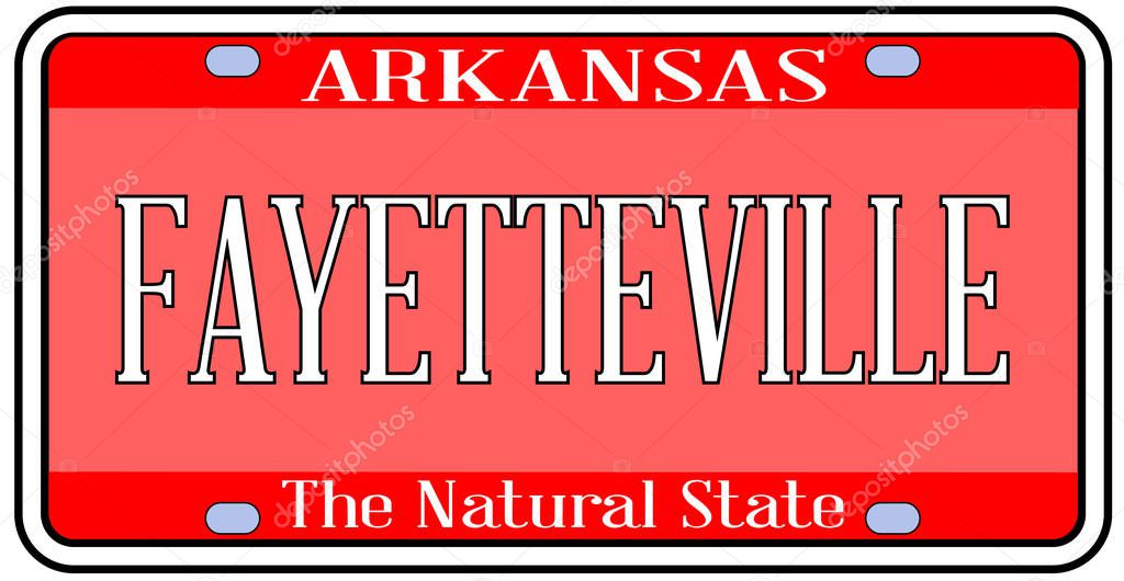 Arkansas state license plate in the colors of the state flag with the city Fayetteville text over a white background