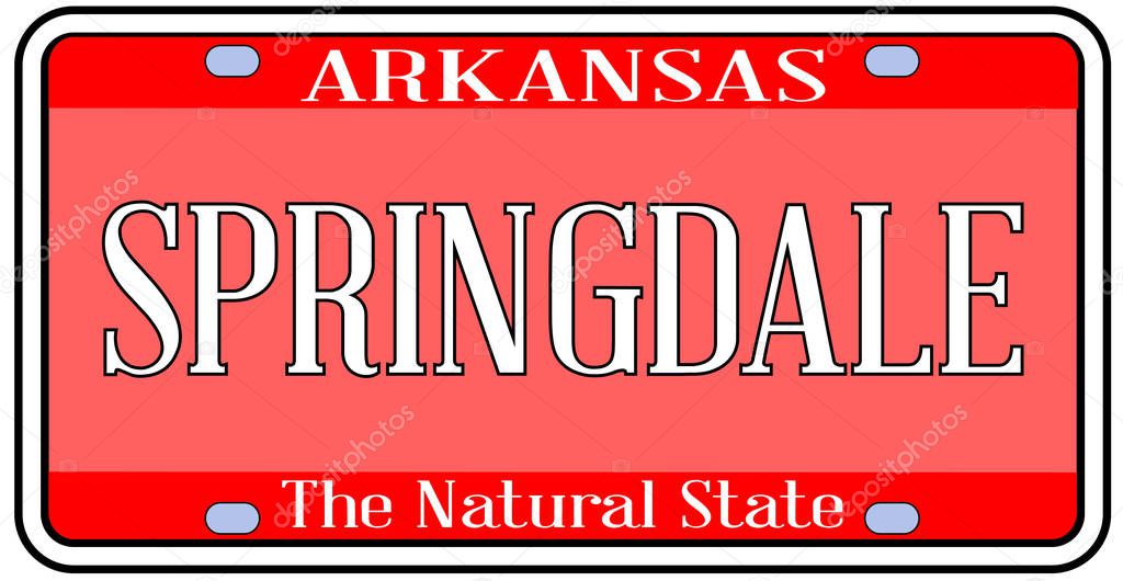 Arkansas state license plate in the colors of the state flag with the city Springdale text over a white background