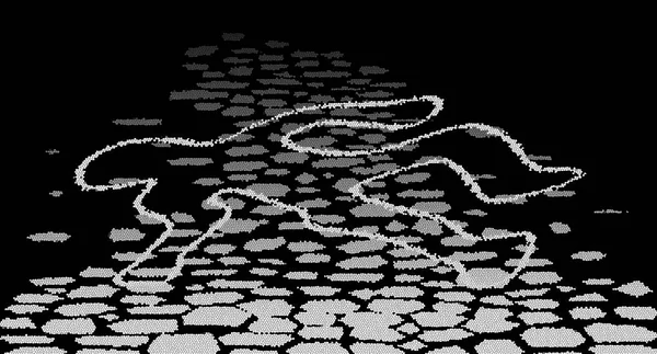 A body chalk outline crime scene on a cobbled street with a black background