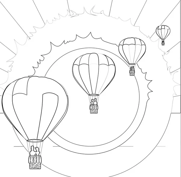 Typical outlined hot air balloons floating away through a summer sky background