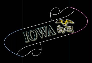 Iowa 'da devletin bayrağını taşıyan metin içeren bir kaydırma.