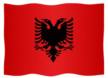 Beyaz bir arka planda çırpınan ulusal amblemi ile Arnavutluk bayrağı
