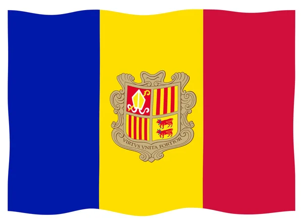 Die Andorra Flagge Mit Wappen Rot Blau Und Gelb Flattert — Stockfoto