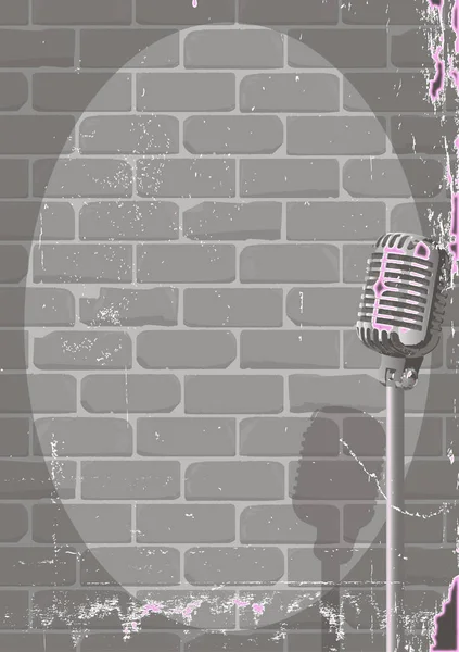 Microphone Prêt Sur Scène Contre Mur Briques Grises Avec Grunge — Photo
