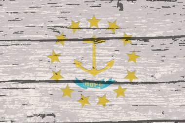 Tahta bir arka planda ABD 'nin Rhode Island eyaletinin bayrağı.