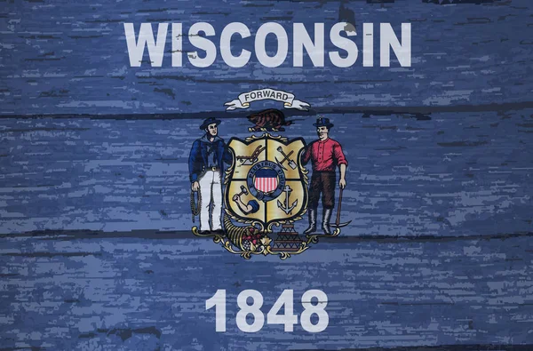 Bandeira Estado Norte Americano Wisconsin Sobre Fundo Madeira — Vetor de Stock