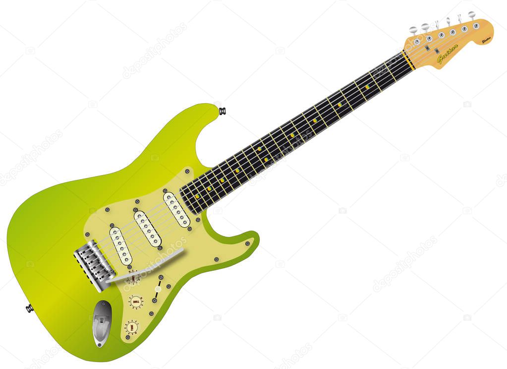 A green traditional solid body electric guitar isolated over white.