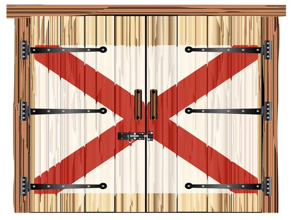 大きな閉じた木製の納屋ボルトとヒンジとアラバマ州の旗が描かれている2つのドア — ストックベクタ