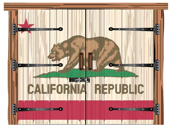 大きな閉じた木製の納屋ボルトとヒンジとカリフォルニアの旗が描かれている2つのドア — ストックベクタ