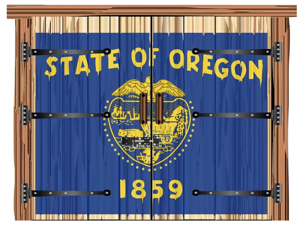 Kapalı Ahşap Bir Ahır Sürgülü Menteşeli Oregon Bayrağıyla Kaplanmış — Stok Vektör