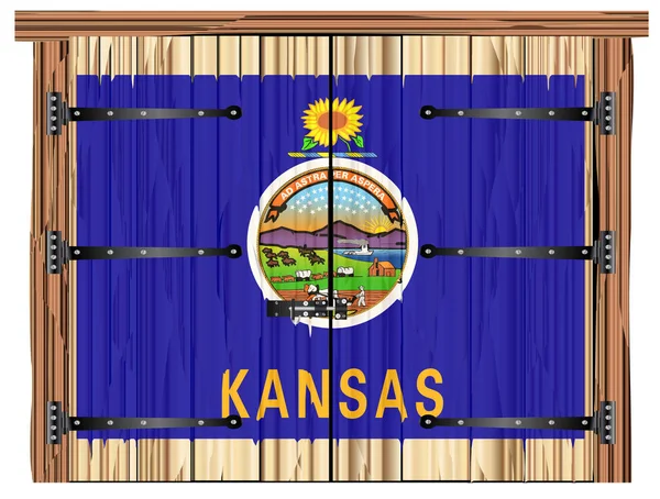 Kapalı Ahşap Bir Ahır Sürgülü Menteşeli Kansas Bayrağıyla Kaplanmış — Stok Vektör