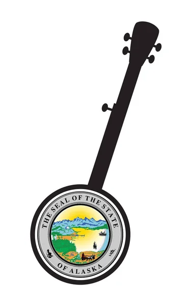 Silueta tradicional Banjo de 5 cuerdas con sello estatal de Alaska Ico — Vector de stock