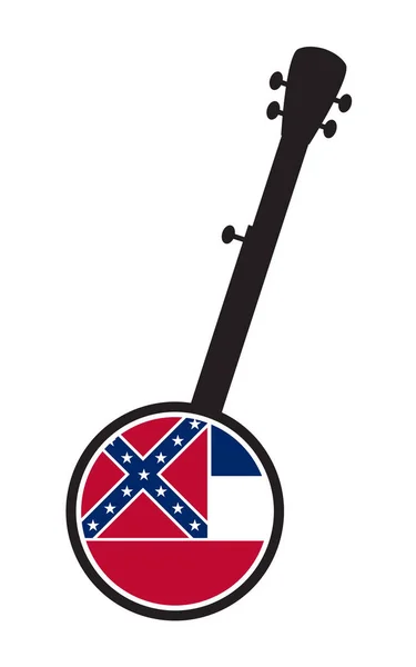 Silueta Banjo tradicional de 5 cuerdas con icono de la bandera de Mississippi — Vector de stock