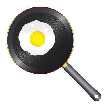 Tahta saplı, siyah metal bir tava ve tek bir kızarmış yumurtayla beyaz bir zemin üzerinde benek.