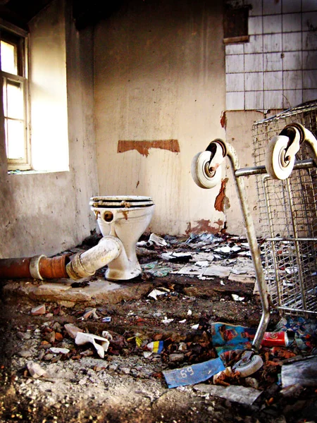 Заброшенный Дом Туалет Дополнительным Мусором Включая Тележку Покупками — стоковое фото
