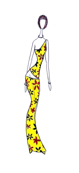 Sketch of a tall and skinny fashion model in a bright lobg dress over a white background