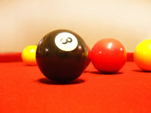 Game Pool Number Eight Black Ball Red Yellow Blurred Background — Stock Photo, Image