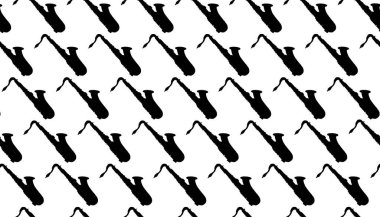 Bir grup tipik saksafon silueti beyaz bir arkaplan üzerinde pürüzsüz bir desen olarak