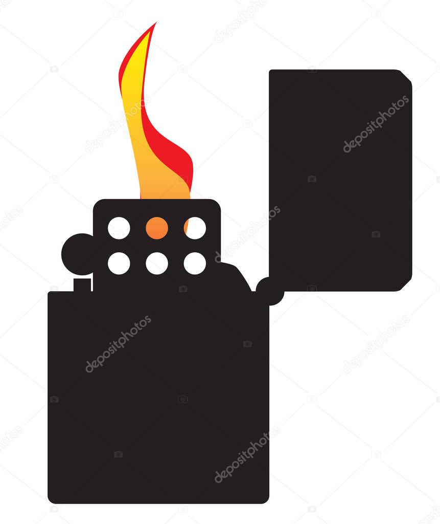 A typical open and ignitied cigarette lighter with flame in silhouette