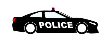 Siyah çizgili tipik bir polis devriye arabası. Beyaz bir arkaplanı var. Polis.