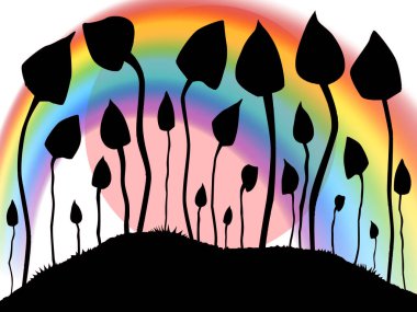 Parlak bir gökkuşağı ile solgun bir arkaplan üzerinde siluet bir grup mantar