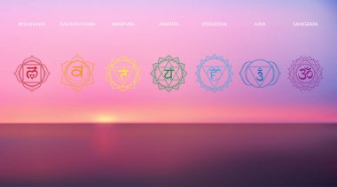 Çakra ikonu setiyle okyanusun üzerinde gün doğumunun soyut hava panoramik görüntüsü: muladhara, swadhisthana, manipura, anahata, vishuddha, ajna, sahasrara. Meditasyon ve rahatlama tasviri.