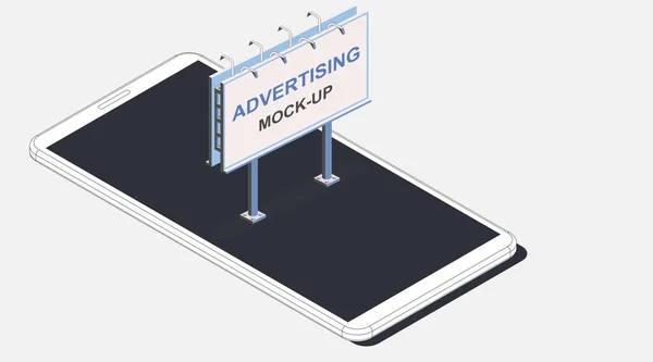 アイソメトリックベクトル広告のモックアップ ストリートビルボードと現実的な白いアウトラインスマートフォン 携帯電話の3Dモデル インターネットメディアイラスト マーケティングウェブサイトテンプレート ランディングページ背景 — ストックベクタ