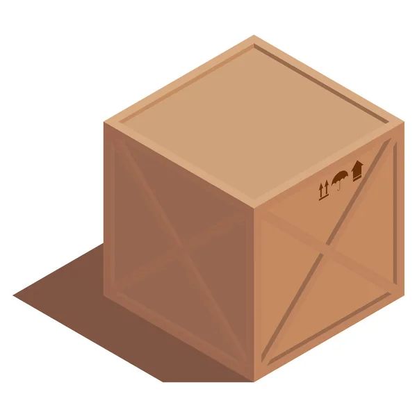 Illustration Isométrique Une Boîte Bois Brun Cargo Vectoriel Avec Symboles — Image vectorielle