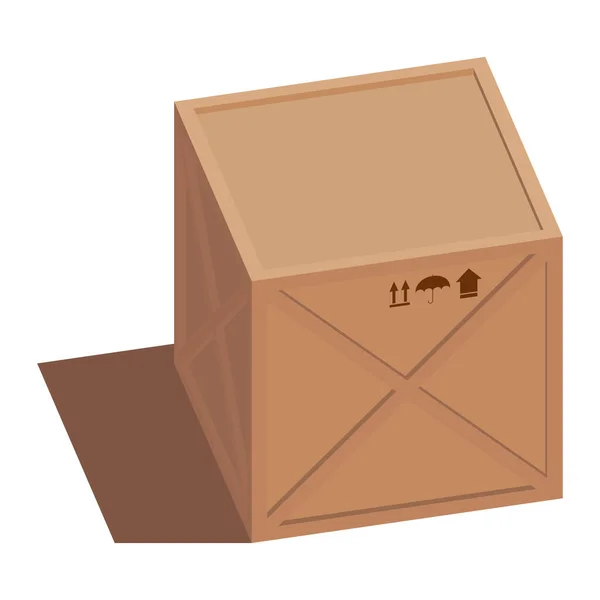 Illustration Isométrique Une Boîte Bois Brun Cargo Vectoriel Avec Symboles — Image vectorielle