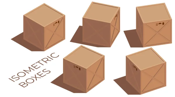 Illustration Isométrique Une Cargaison Vectorielle Bois Brun Boîtes Carton Avec — Image vectorielle