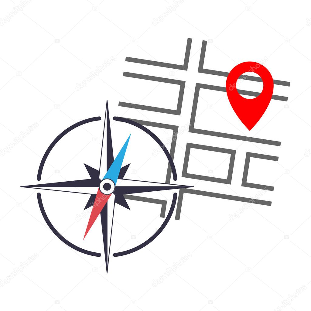 Thin out line red pin location gps icon with road street map and nautical compas symbol. Geometric marker flat shape element. Abstract EPS 10 point illustration. Concept vector sign.